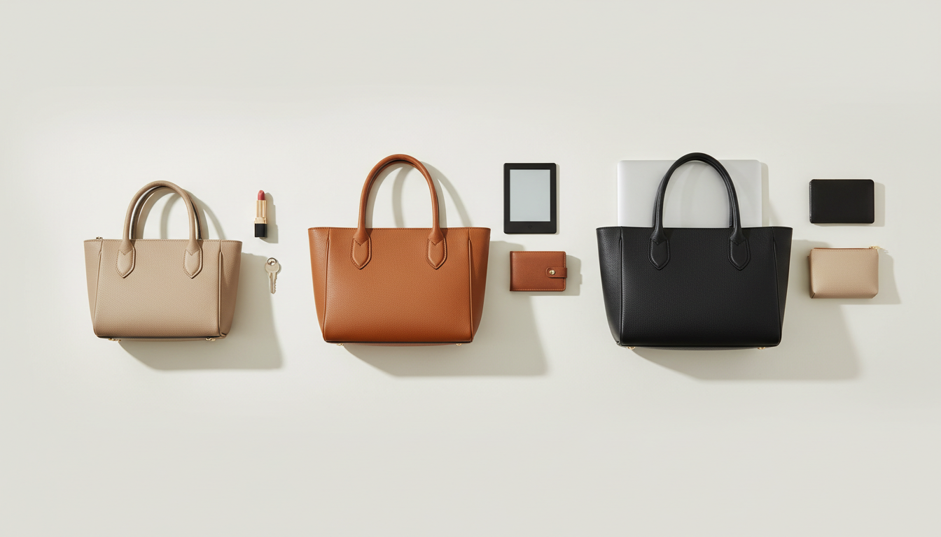 Bolsas feminina pequena, média e grande em flat lay minimalista, com itens para escala | Loja Mayzê