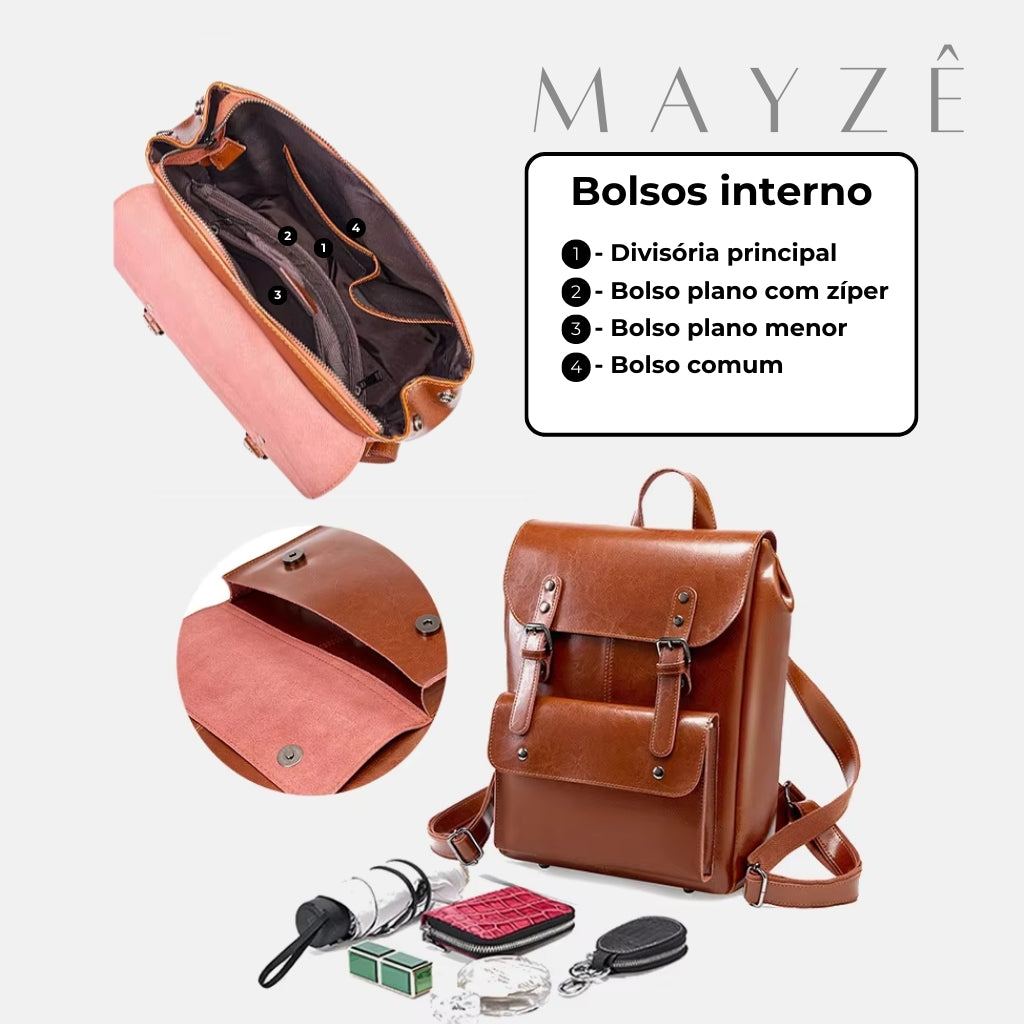 Mochila Couro Legítimo Acadêmica Ayla, Loja Mayzê Oficial, Mayzê, loja mayze, mochila de escolha, mochila de couro, bolsa de couro, mochila para faculdade, mochila para escola, lojamayze.com.br, lojamayze.com