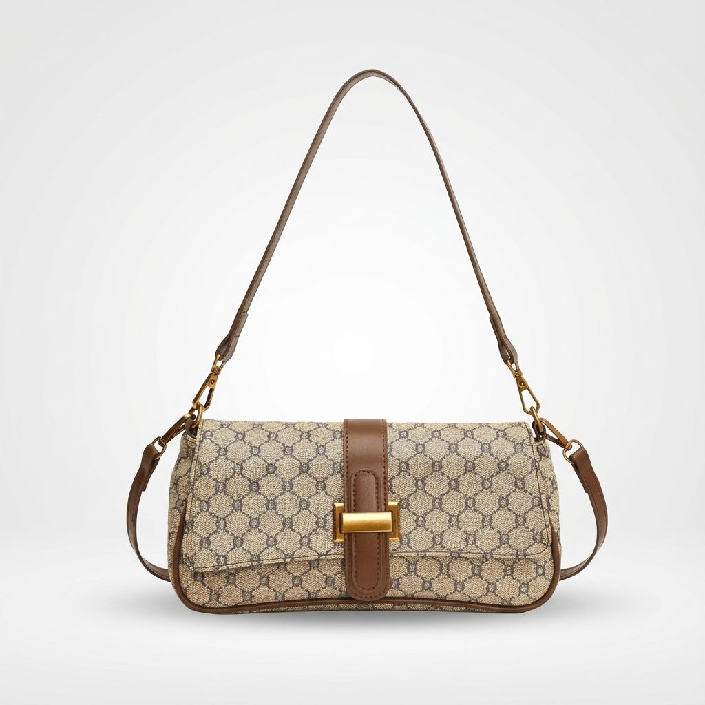 Bolsa baguete Yeda Mayzê. Design retrô em couro ecológico, estampa clássica e alça transversal. O acessório perfeito para looks modernos e sofisticados.