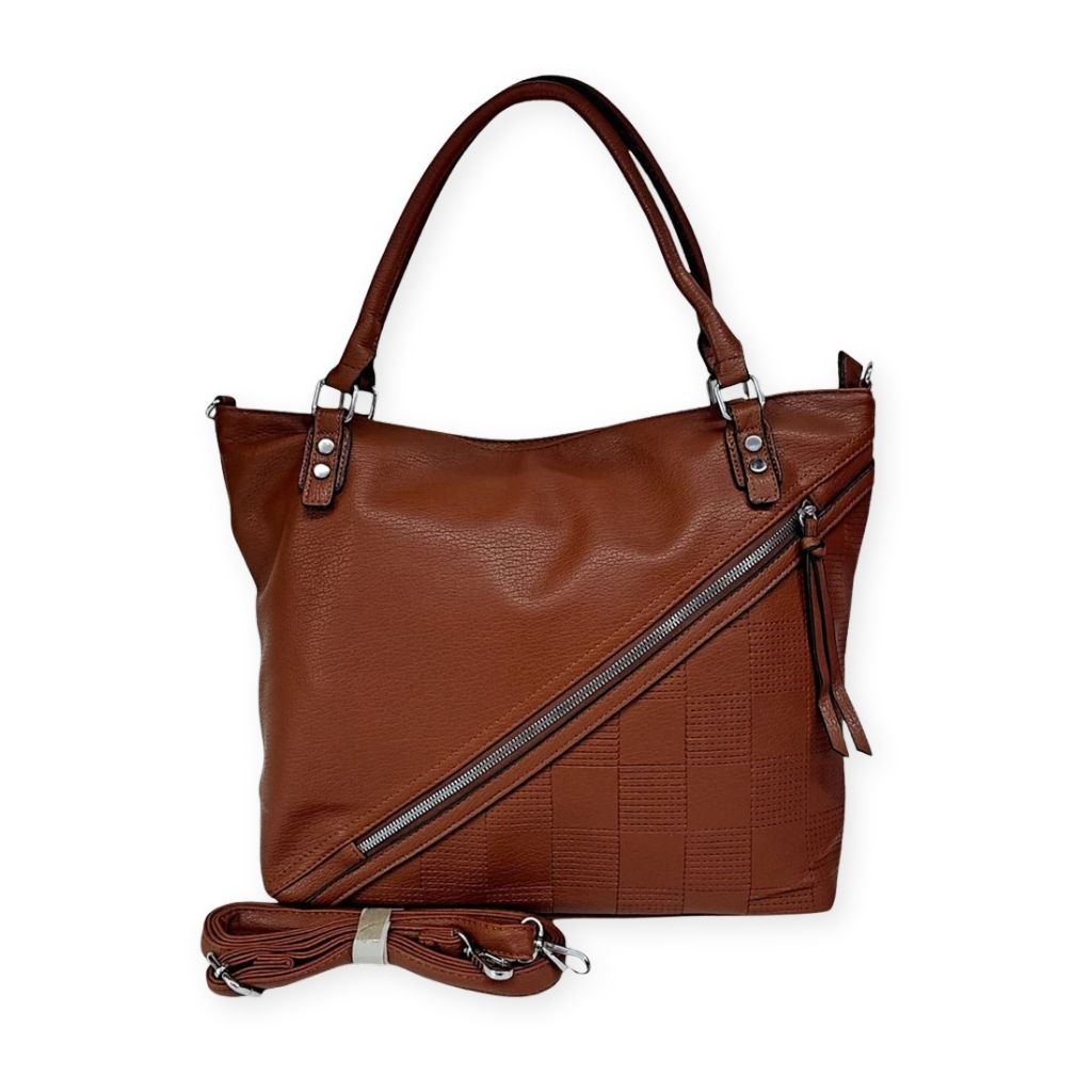 Bolsa tote grande Charlene Mayzê. Couro ecológico, 3 compartimentos, bolsos com zíper e alça transversal removível. Ideal para trabalho e dia a dia.