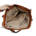 Bolsa tote grande Charlene Mayzê. Couro ecológico, 3 compartimentos, bolsos com zíper e alça transversal removível. Ideal para trabalho e dia a dia.