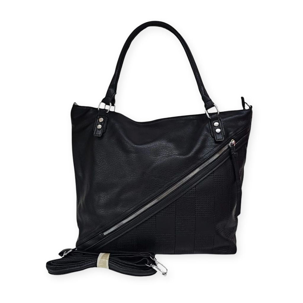 Bolsa tote grande Charlene Mayzê. Couro ecológico, 3 compartimentos, bolsos com zíper e alça transversal removível. Ideal para trabalho e dia a dia.