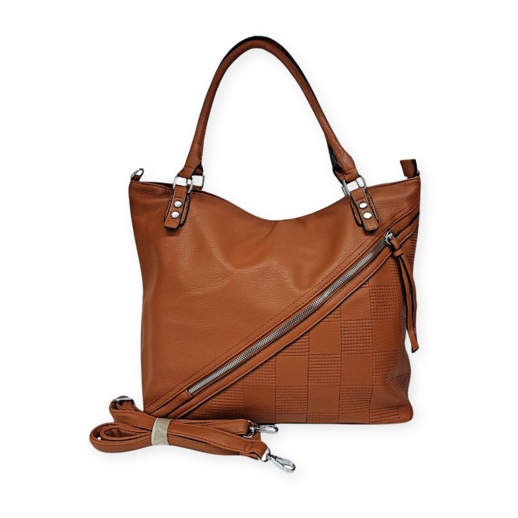 Bolsa tote grande Charlene Mayzê. Couro ecológico, 3 compartimentos, bolsos com zíper e alça transversal removível. Ideal para trabalho e dia a dia.