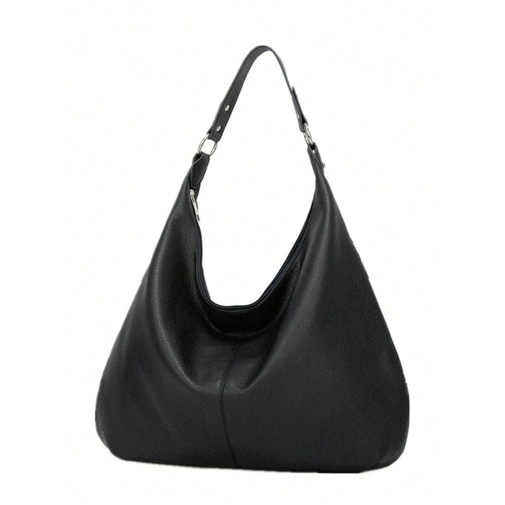 Bolsa de ombro grande Hermione Mayzê. Modelo hobo maxi em couro ecológico, fechamento em zíper e bolso interno. Elegante para trabalho e dia a dia.