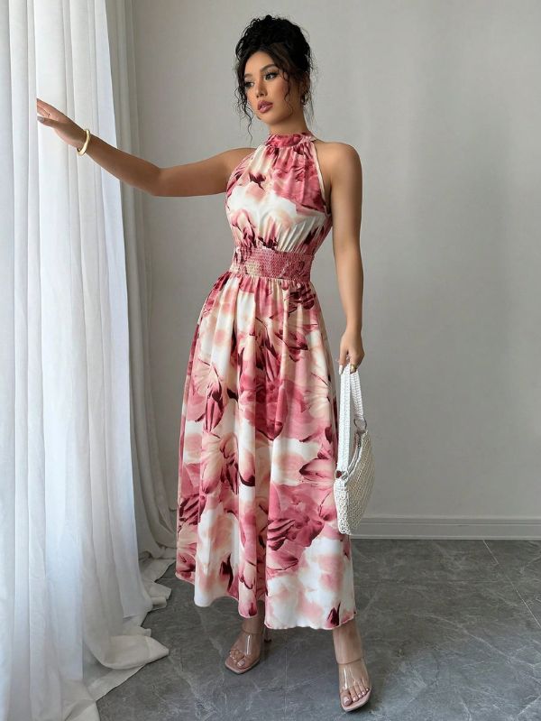Vestido longo conceitual Abstrait Mayzê. Estampa abstrata, cintura alta marcada e caimento boho elegante para festas, jantares e noites de verão.