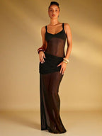 Vestido Longo Malha Transparente Plissado Mayzê