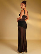 Vestido Longo Malha Transparente Plissado Mayzê