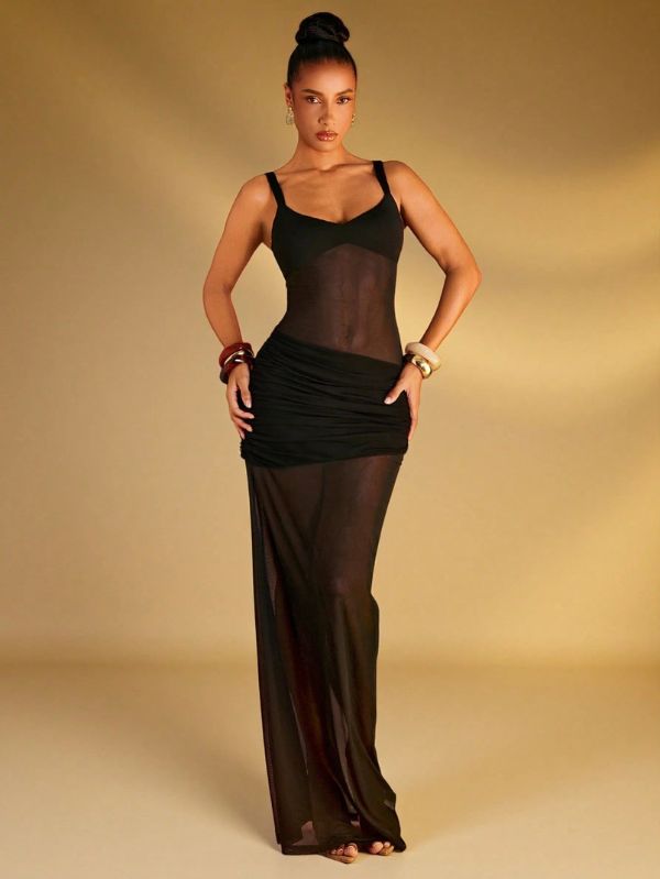 Vestido Longo Malha Transparente Plissado Mayzê