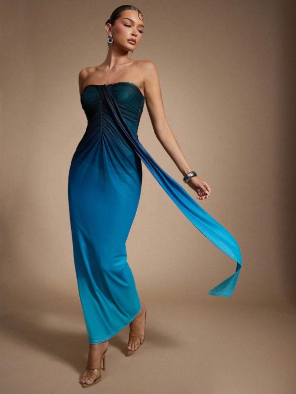 Vestido Longo Ocean com Drapeado Frontal Mayzê