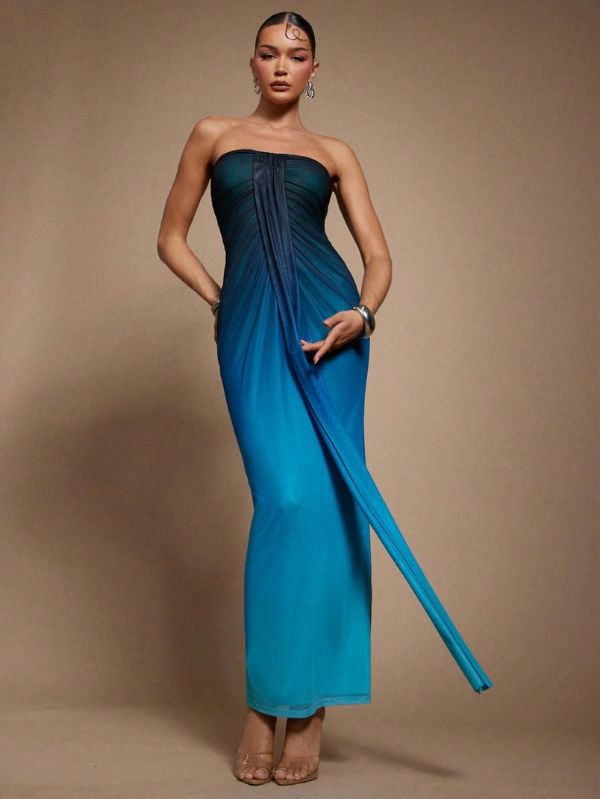 Vestido Longo Ocean com Drapeado Frontal Mayzê