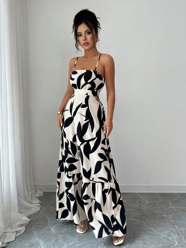 Vestido maxi Arbre Mayzê. Cintura marcada, recortes laterais e estampa boho para looks frescos e elegantes na praia e no verão.