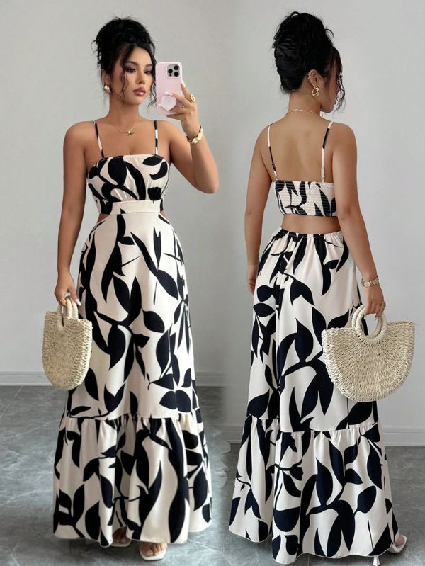Vestido maxi Arbre Mayzê. Cintura marcada, recortes laterais e estampa boho para looks frescos e elegantes na praia e no verão.