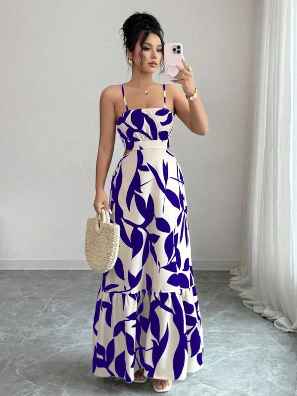 Vestido maxi Arbre Mayzê. Cintura marcada, recortes laterais e estampa boho para looks frescos e elegantes na praia e no verão.