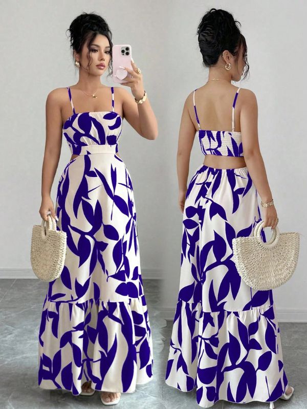 Vestido maxi Arbre Mayzê. Cintura marcada, recortes laterais e estampa boho para looks frescos e elegantes na praia e no verão.