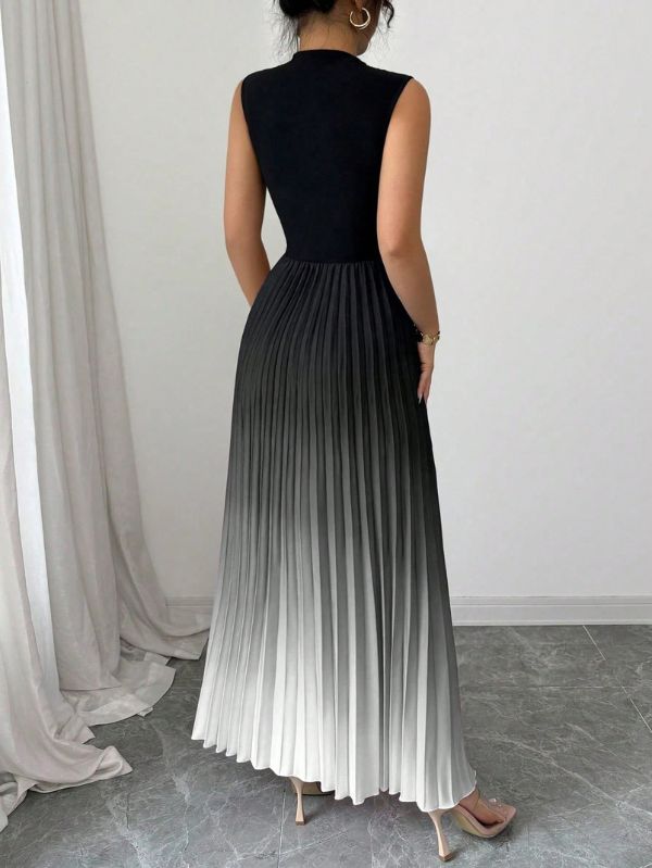 Vestido maxi degradê plissado Doux Mayzê. Saia plissada em A, cintura alta e caimento elegante para festas e eventos noturnos.