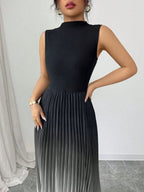 Vestido maxi degradê plissado Doux Mayzê. Saia plissada em A, cintura alta e caimento elegante para festas e eventos noturnos.