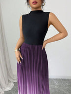 Vestido maxi degradê plissado Doux Mayzê. Saia plissada em A, cintura alta e caimento elegante para festas e eventos noturnos.