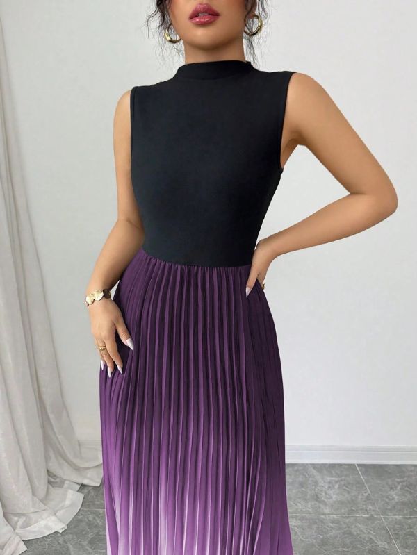 Vestido maxi degradê plissado Doux Mayzê. Saia plissada em A, cintura alta e caimento elegante para festas e eventos noturnos.