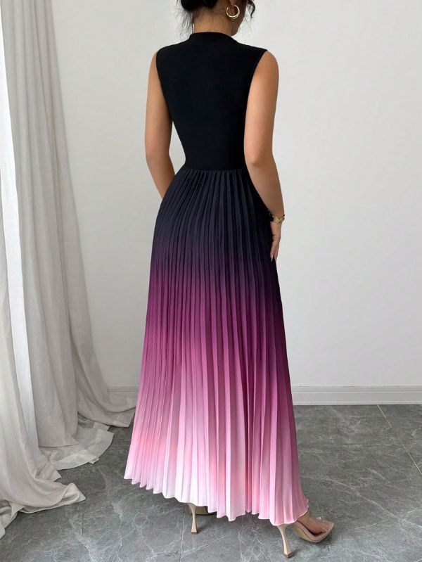 Vestido maxi degradê plissado Doux Mayzê. Saia plissada em A, cintura alta e caimento elegante para festas e eventos noturnos.
