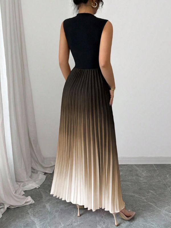 Vestido maxi degradê plissado Doux Mayzê. Saia plissada em A, cintura alta e caimento elegante para festas e eventos noturnos.
