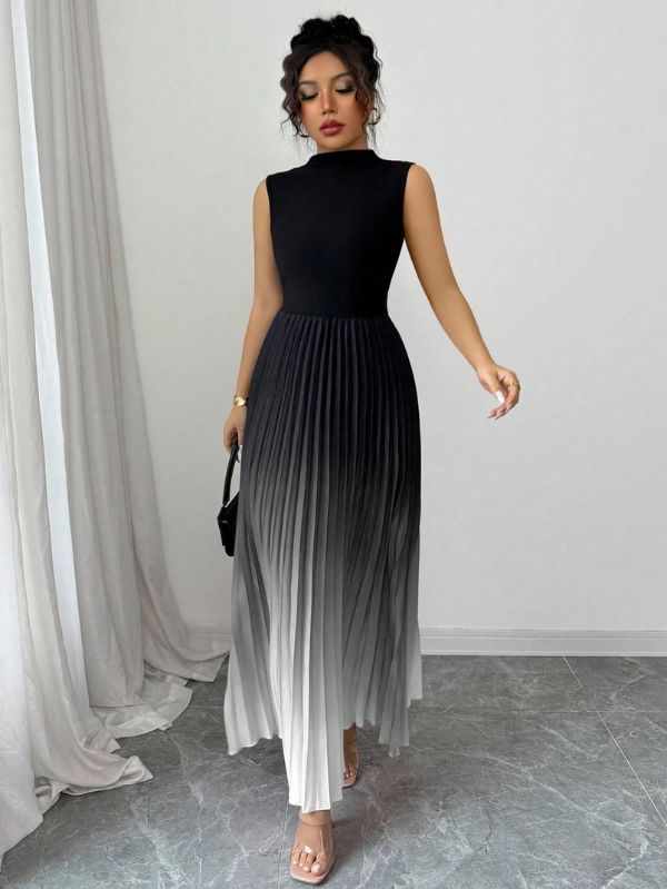 Vestido maxi degradê plissado Doux Mayzê. Saia plissada em A, cintura alta e caimento elegante para festas e eventos noturnos.
