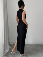 Vestido moderno texturizado Détail Mayzê. Modelagem bodycon, recorte na cintura e fenda lateral para looks elegantes em eventos noturnos.
