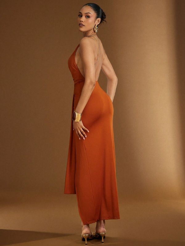 Vestido Plissado Gola Dourada com Fenda Audacieux, Loja Mayzê