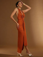 Vestido Plissado Gola Dourada com Fenda Audacieux, Loja Mayzê
